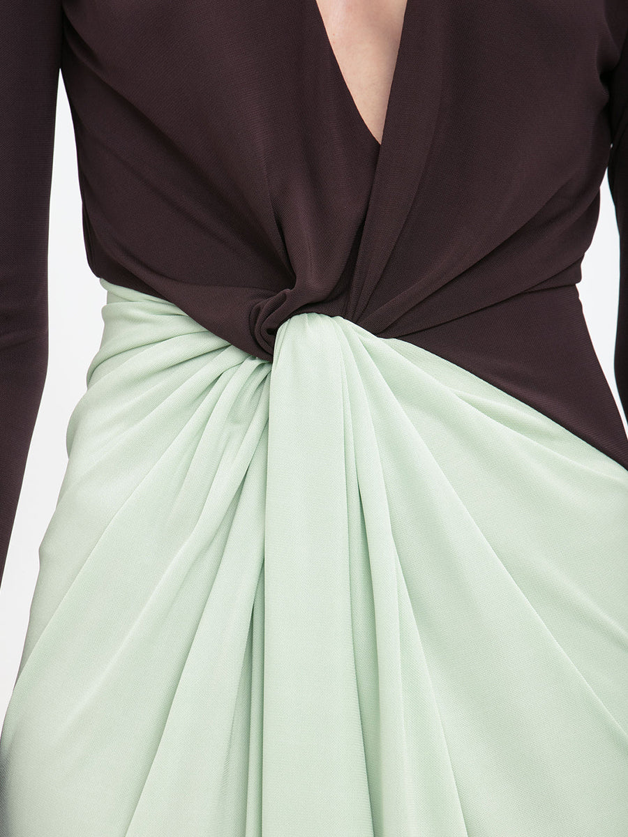 Long Sleeve Knot Detail Jersey dress in Ebony/Jade