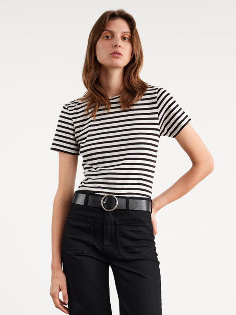 Nili Lotan | Mariela Crewneck Tee in Black/Ivory Stripe