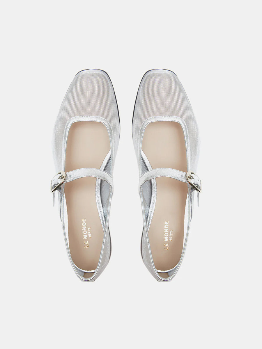 Le Monde Beryl | Mary Jane Ballet Flats in Silver Mesh