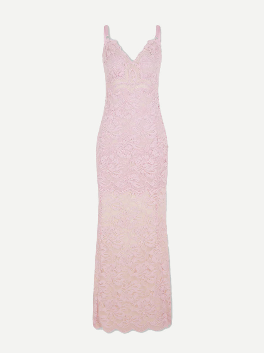 Rabanne | Long Lace Dress with Thin Straps in Powder Pink