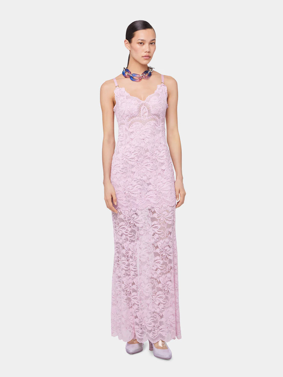 Rabanne | Long Lace Dress with Thin Straps in Powder Pink