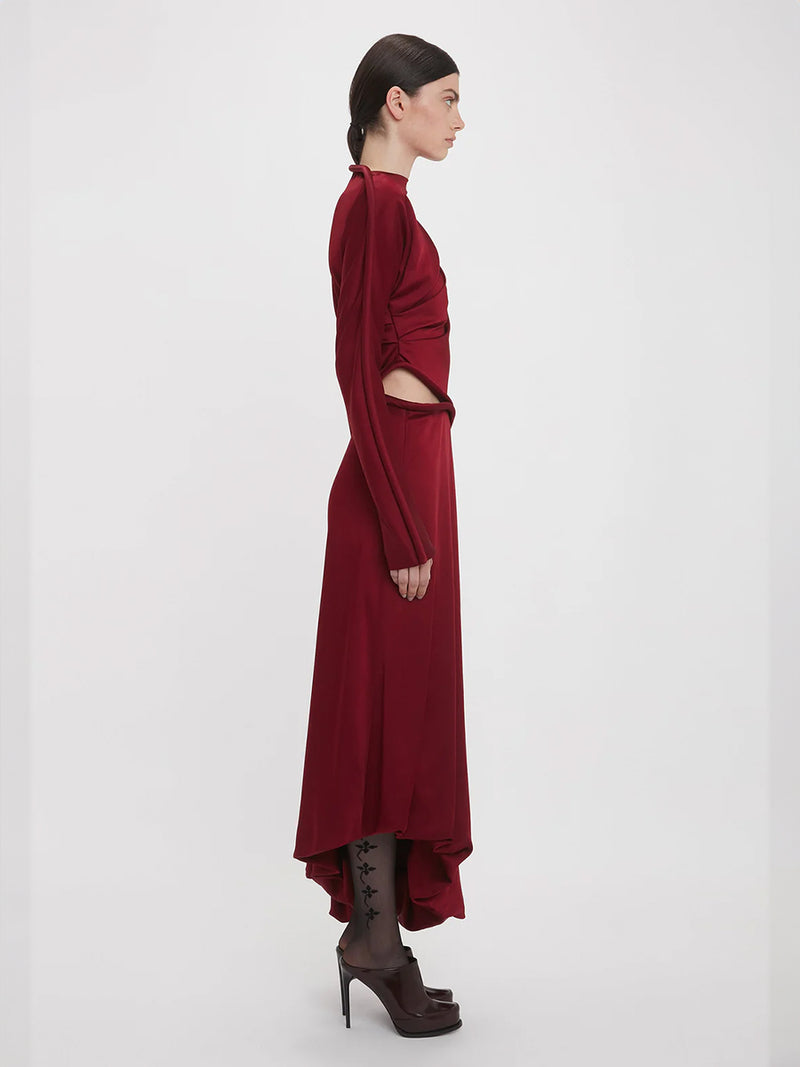 Victoria Beckham | Padded Tube Detail Midi Dress in Oxblood