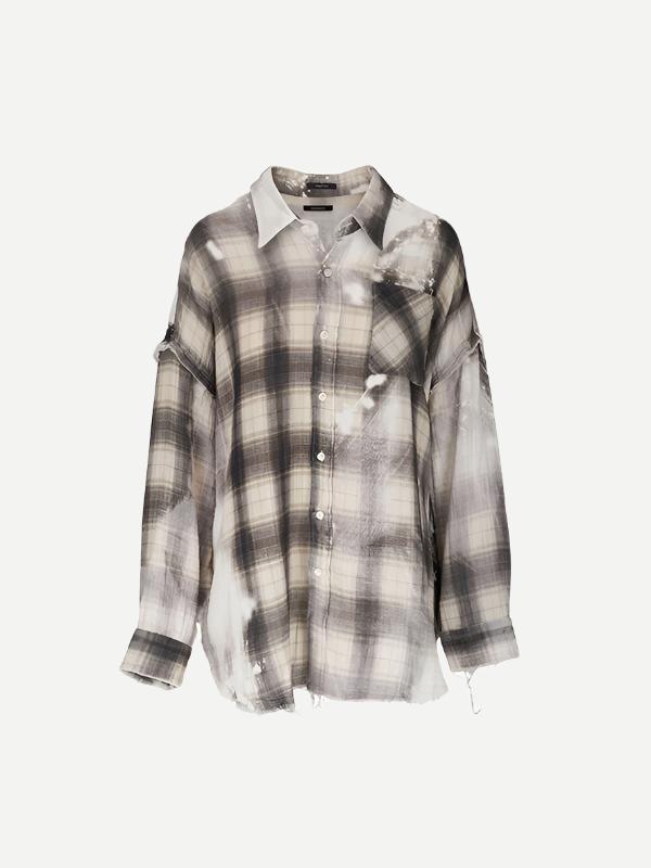 R13 | Shredded Seam Drop Neck Shirt in Bleached Grey Plaid