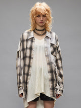 R13 | Shredded Seam Drop Neck Shirt in Bleached Grey Plaid