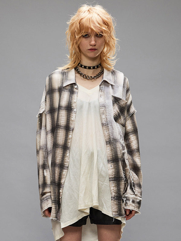 R13 | Shredded Seam Drop Neck Shirt in Bleached Grey Plaid