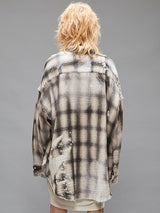 R13 | Shredded Seam Drop Neck Shirt in Bleached Grey Plaid