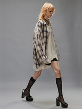 R13 | Shredded Seam Drop Neck Shirt in Bleached Grey Plaid