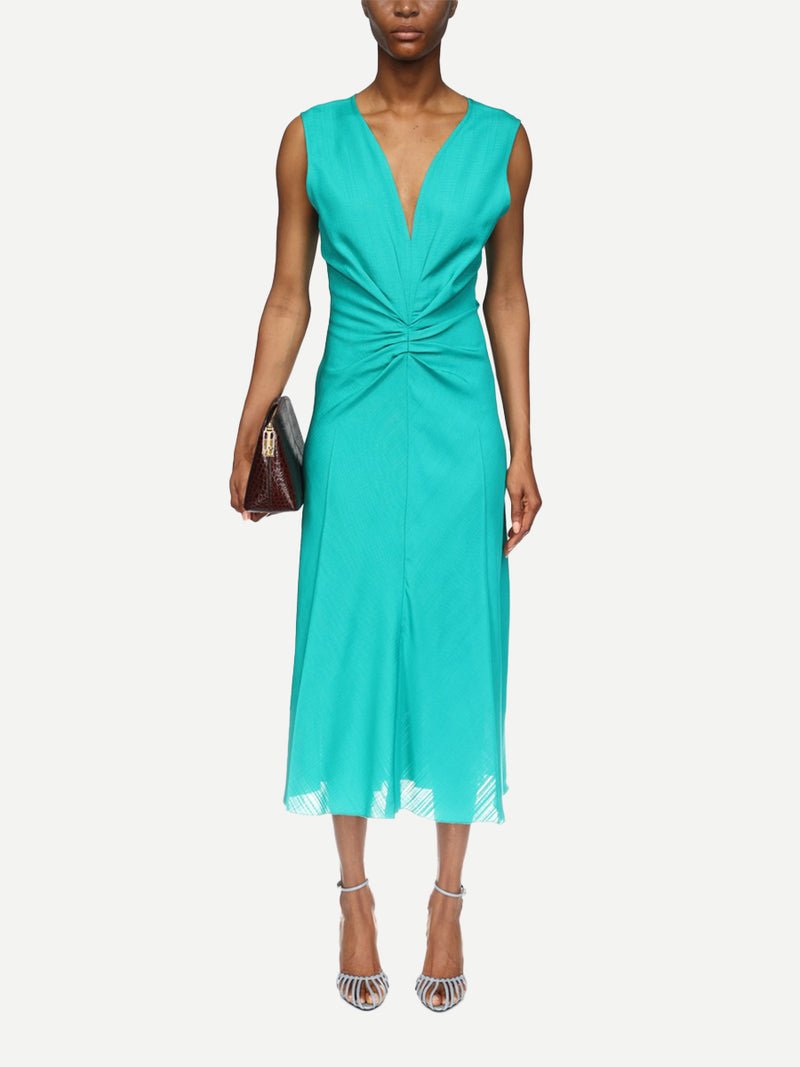 Victoria Beckham | Sleeveless Gathered Waist Midi Dress in Peacock