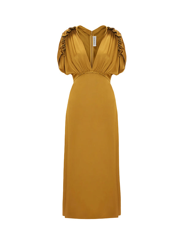 VICTORIA BECKHAM | V-Neck Ruffle Midi Dress in Harvest Gold