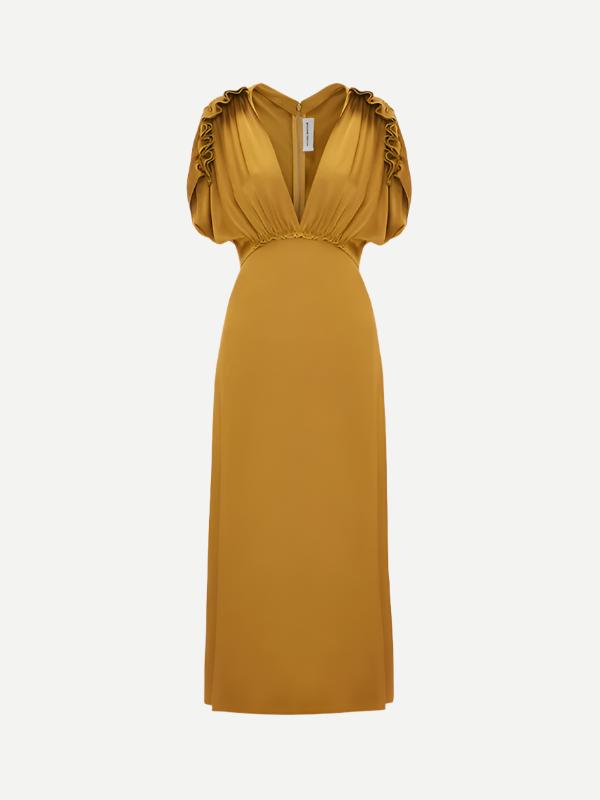 VICTORIA BECKHAM | V-Neck Ruffle Midi Dress in Harvest Gold