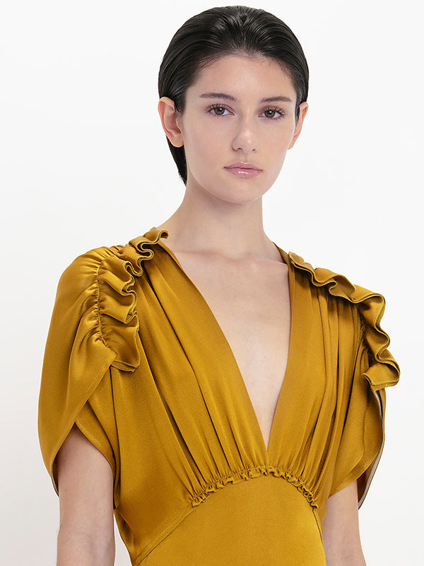 VICTORIA BECKHAM | V-Neck Ruffle Midi Dress in Harvest Gold