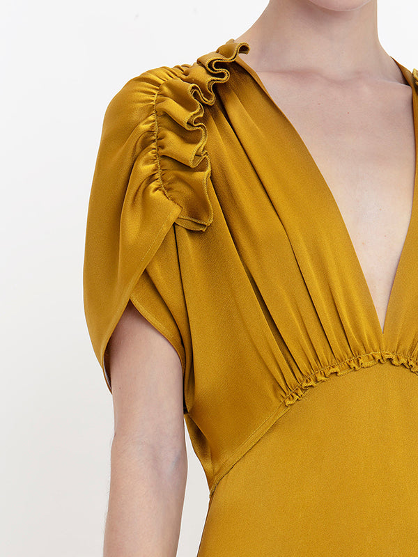 VICTORIA BECKHAM | V-Neck Ruffle Midi Dress in Harvest Gold