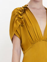 VICTORIA BECKHAM | V-Neck Ruffle Midi Dress in Harvest Gold