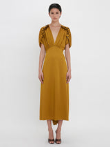 VICTORIA BECKHAM | V-Neck Ruffle Midi Dress in Harvest Gold