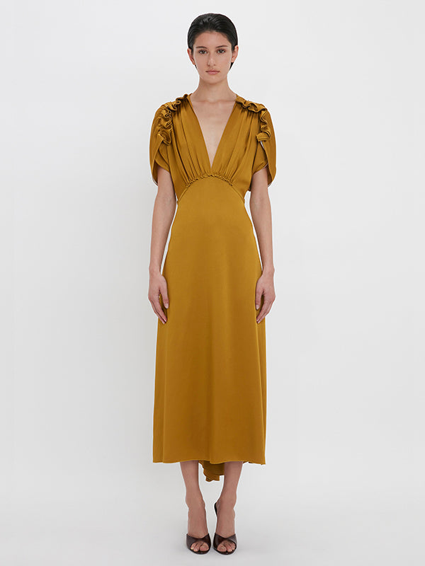 VICTORIA BECKHAM | V-Neck Ruffle Midi Dress in Harvest Gold