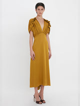 VICTORIA BECKHAM | V-Neck Ruffle Midi Dress in Harvest Gold