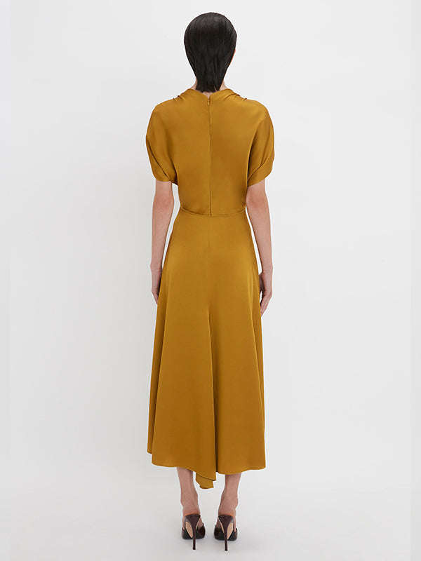 VICTORIA BECKHAM | V-Neck Ruffle Midi Dress in Harvest Gold